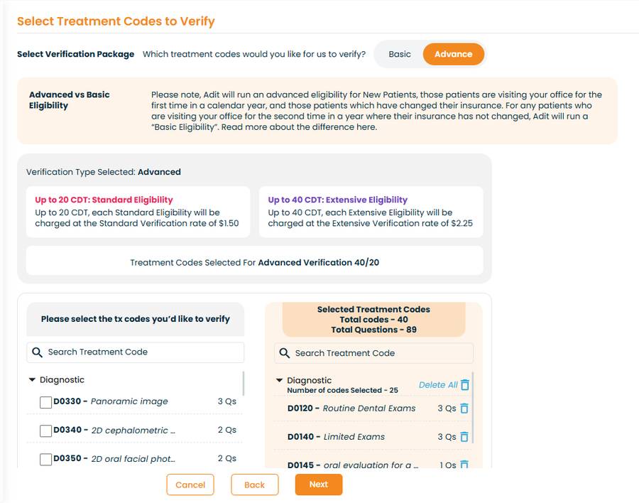Select Treatment Codes - Advanced Package